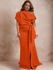 Trumpet Mermaid One Shoulder Short Sleeves Floor Length Plus Size Mother Of The Bride Dresses With Ruffles Split Side
