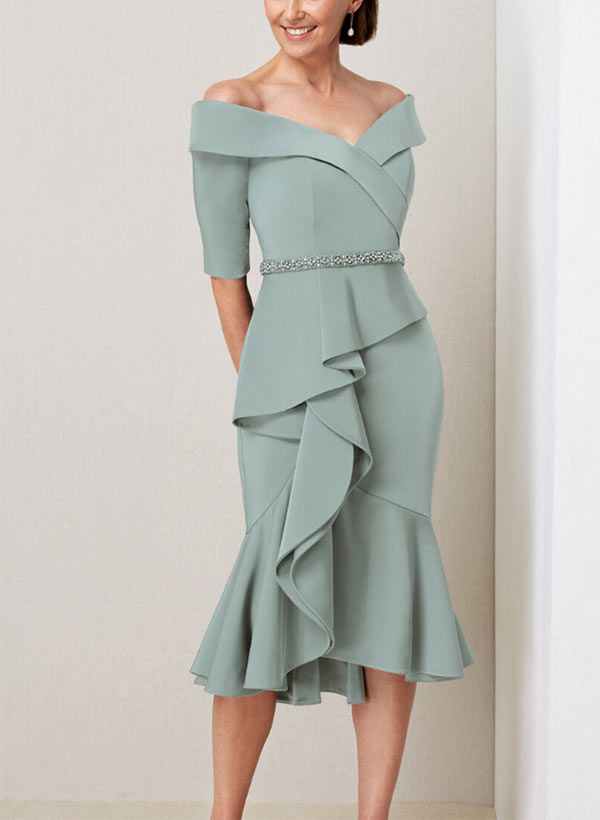 Sheath Column Off The Shoulder Half Sleeves Mother Of The Bride Dresses With Beading Ruffles