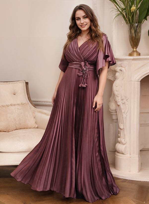 A Line Princess V Neck Short Sleeves Mother Of The Bride Dresses With Belt