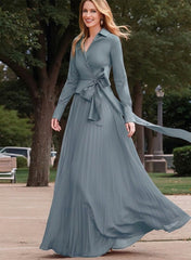 A Line Princess V Neck Floor Length Long Sleeves Satin Chiffon Two Piece Mother Of The Bride Dresses With Bowknot