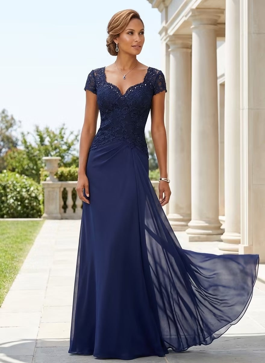 Sheath Column Sweetheart Short Sleeves Floor Length Mother Of The Bride Dresses With Appliques Lace Sequins