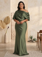 Sheath Column One Shoulder Floor Length Plus Size Mother Of The Bride Dresses With Ruffles