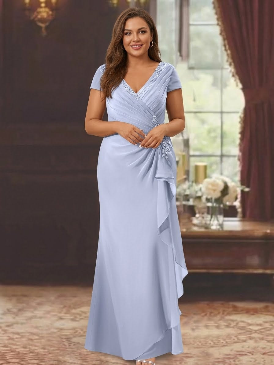 Sheath Column V Neck Short Sleeves Floor Length Plus Size Mother Of The Bride Dresses With Ruffles Appliques