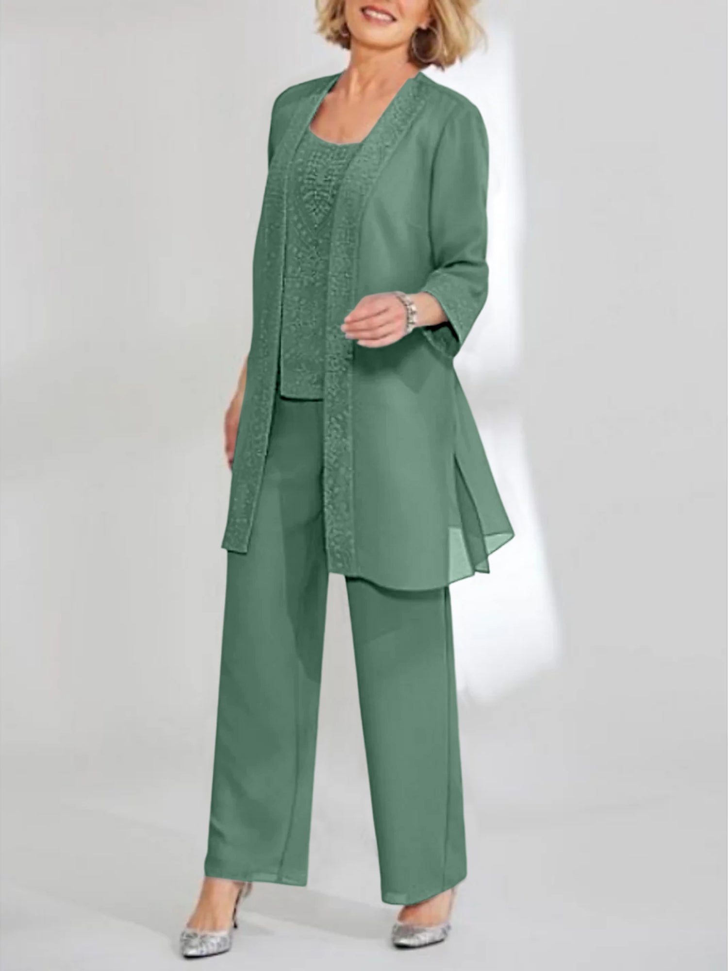 Chiffon Sequins Scoop Ankle Length Mother Of The Bride Pantsuits With Jacket