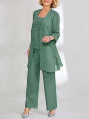 Chiffon Sequins Scoop Ankle Length Mother Of The Bride Pantsuits With Jacket