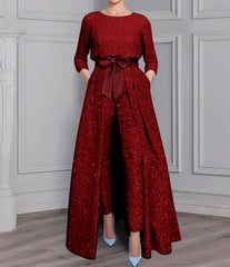 2 Pieces Scoop Long Sleeves Mother Of The Bride Pantsuits With Sash Sequins