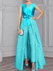 2 Pieces Scoop Long Sleeves Mother Of The Bride Pantsuits With Sash Sequins