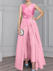 2 Pieces Scoop Long Sleeves Mother Of The Bride Pantsuits With Sash Sequins
