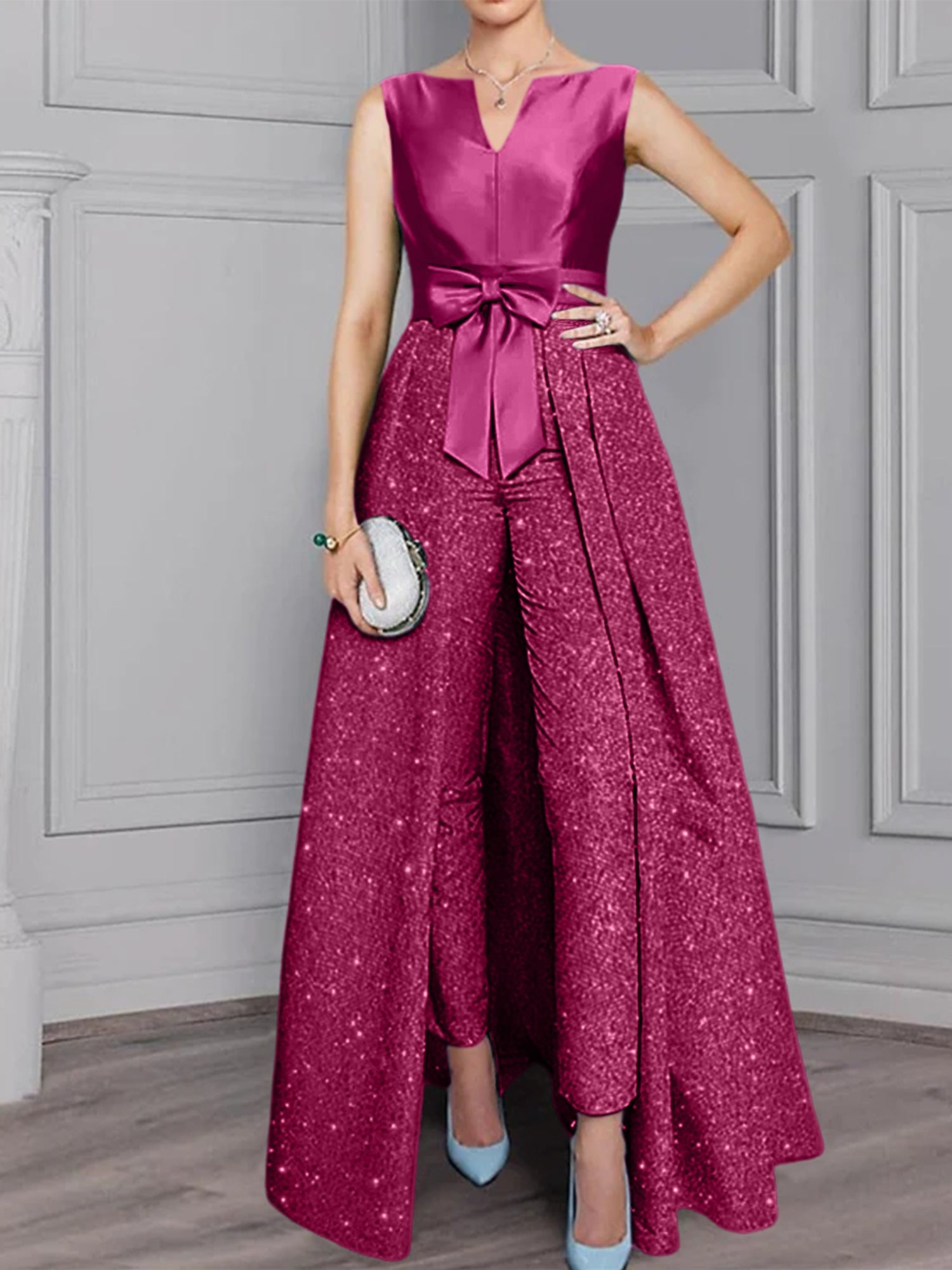 2 Pieces Scoop Long Sleeves Mother Of The Bride Pantsuits With Sash Sequins