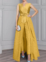 2 Pieces Scoop Long Sleeves Mother Of The Bride Pantsuits With Sash Sequins