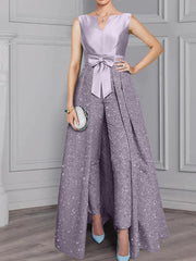 2 Pieces Scoop Long Sleeves Mother Of The Bride Pantsuits With Sash Sequins