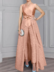 2 Pieces Scoop Long Sleeves Mother Of The Bride Pantsuits With Sash Sequins