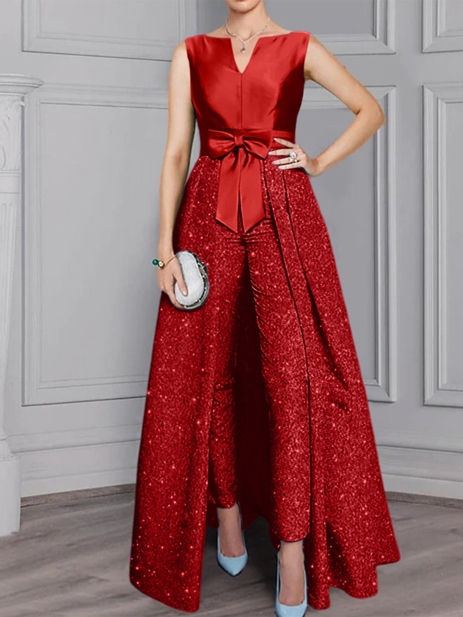 2 Pieces Scoop Long Sleeves Mother Of The Bride Pantsuits With Sash Sequins