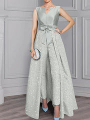2 Pieces Scoop Long Sleeves Mother Of The Bride Pantsuits With Sash Sequins
