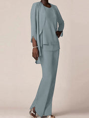 Chiffon Scoop Long Sleeves Floor Length Mother Of The Bride Pantsuits With Ruffles