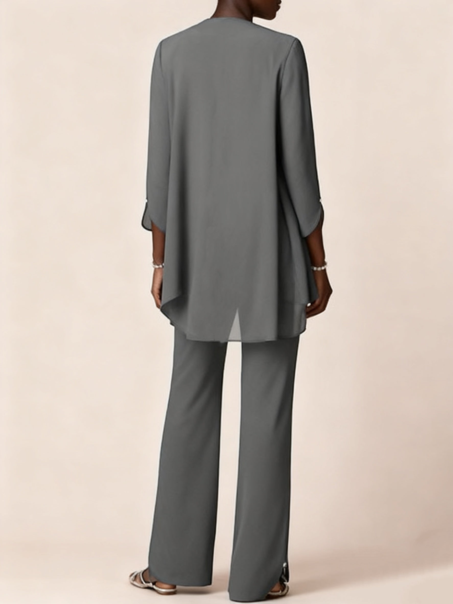 Chiffon Scoop Long Sleeves Floor Length Mother Of The Bride Pantsuits With Ruffles