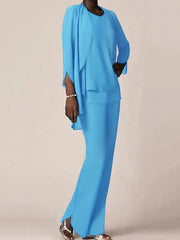 Chiffon Scoop Long Sleeves Floor Length Mother Of The Bride Pantsuits With Ruffles