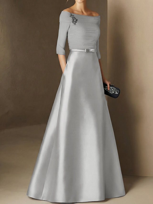 A Line Princess Off The Shoulder Short Sleeves Mother Of The Bride Dresses With Belt Applique