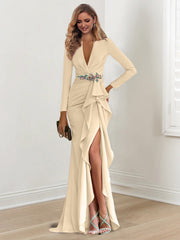 Sheath Column V Neck Long Sleeves Floor Length Mother Of The Bride Dresses With Crepe Beading