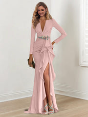 Sheath Column V Neck Long Sleeves Floor Length Mother Of The Bride Dresses With Crepe Beading