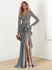 Sheath Column V Neck Long Sleeves Floor Length Mother Of The Bride Dresses With Crepe Beading