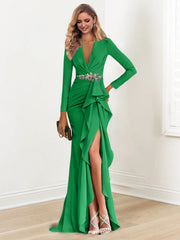 Sheath Column V Neck Long Sleeves Floor Length Mother Of The Bride Dresses With Crepe Beading