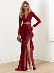 Sheath Column V Neck Long Sleeves Floor Length Mother Of The Bride Dresses With Crepe Beading