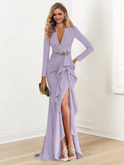 Sheath Column V Neck Long Sleeves Floor Length Mother Of The Bride Dresses With Crepe Beading