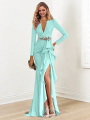 Sheath Column V Neck Long Sleeves Floor Length Mother Of The Bride Dresses With Crepe Beading