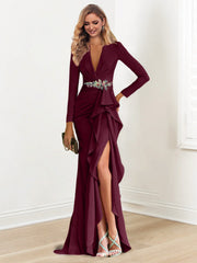 Sheath Column V Neck Long Sleeves Floor Length Mother Of The Bride Dresses With Crepe Beading