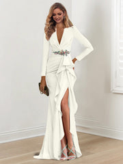 Sheath Column V Neck Long Sleeves Floor Length Mother Of The Bride Dresses With Crepe Beading