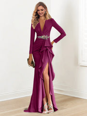 Sheath Column V Neck Long Sleeves Floor Length Mother Of The Bride Dresses With Crepe Beading