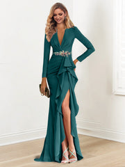 Sheath Column V Neck Long Sleeves Floor Length Mother Of The Bride Dresses With Crepe Beading