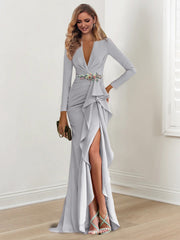 Sheath Column V Neck Long Sleeves Floor Length Mother Of The Bride Dresses With Crepe Beading