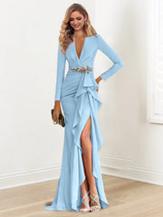 Sheath Column V Neck Long Sleeves Floor Length Mother Of The Bride Dresses With Crepe Beading