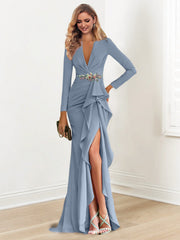 Sheath Column V Neck Long Sleeves Floor Length Mother Of The Bride Dresses With Crepe Beading