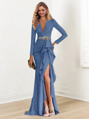 Sheath Column V Neck Long Sleeves Floor Length Mother Of The Bride Dresses With Crepe Beading