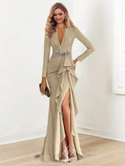 Sheath Column V Neck Long Sleeves Floor Length Mother Of The Bride Dresses With Crepe Beading