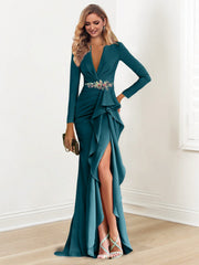 Sheath Column V Neck Long Sleeves Floor Length Mother Of The Bride Dresses With Crepe Beading