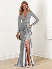Sheath Column V Neck Long Sleeves Floor Length Mother Of The Bride Dresses With Crepe Beading
