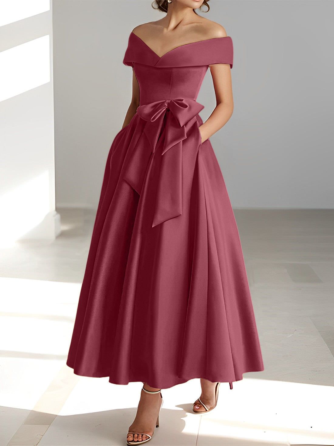 A Line Princess Off The Shoulder Sleeveless Ankle Length Mother Of The Bride Dresses With Pockets