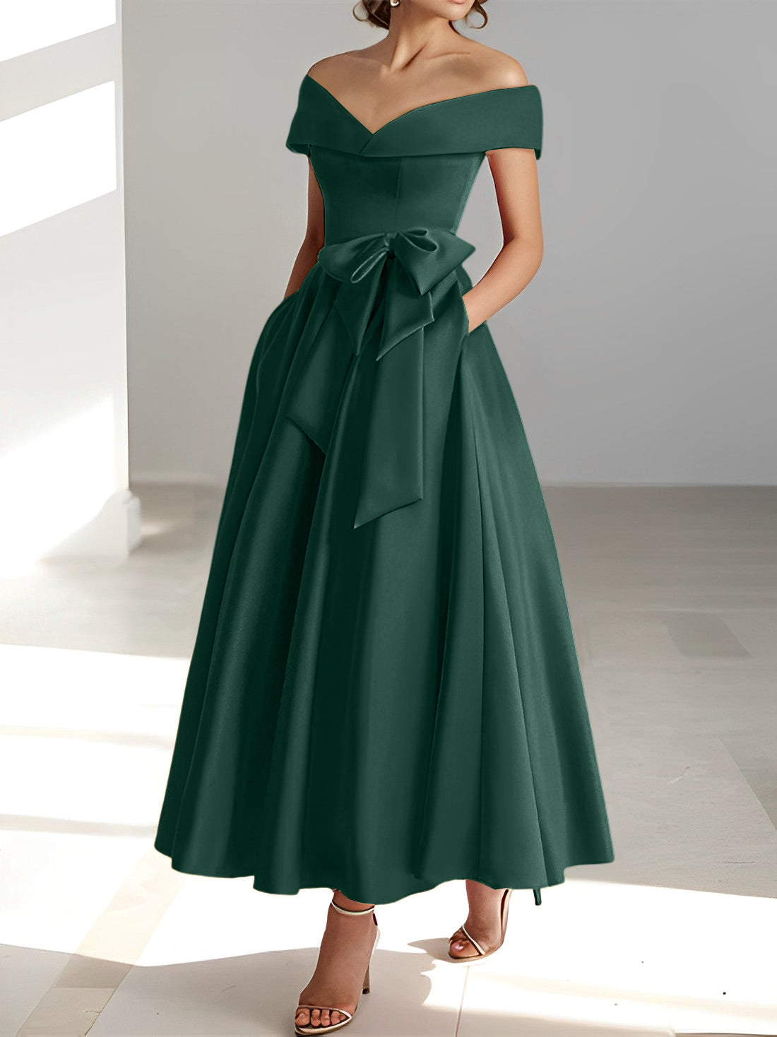 A Line Princess Off The Shoulder Sleeveless Ankle Length Mother Of The Bride Dresses With Pockets