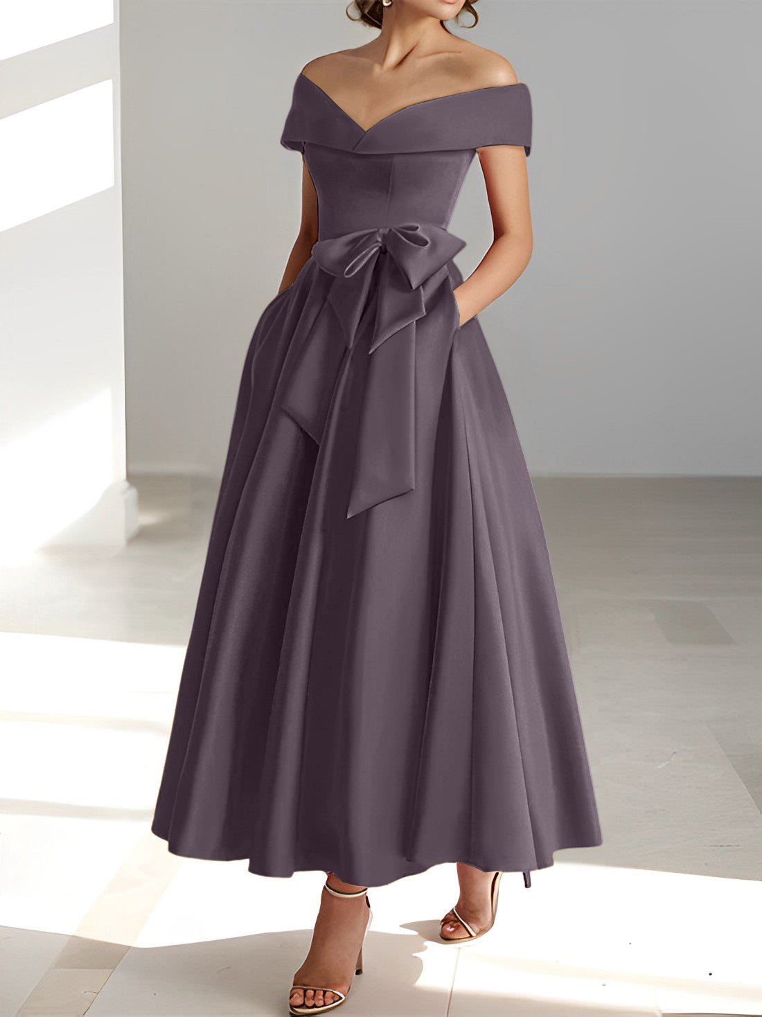 A Line Princess Off The Shoulder Sleeveless Ankle Length Mother Of The Bride Dresses With Pockets