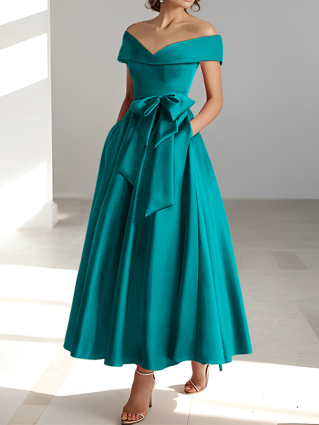 A Line Princess Off The Shoulder Sleeveless Ankle Length Mother Of The Bride Dresses With Pockets