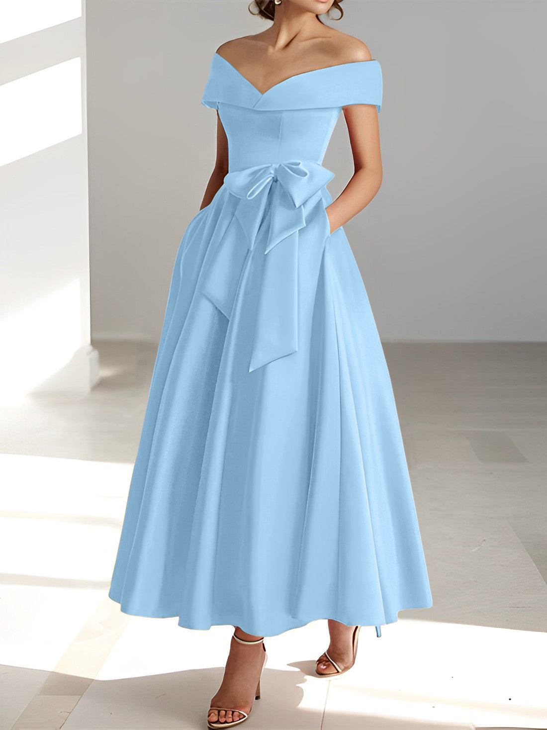 A Line Princess Off The Shoulder Sleeveless Ankle Length Mother Of The Bride Dresses With Pockets