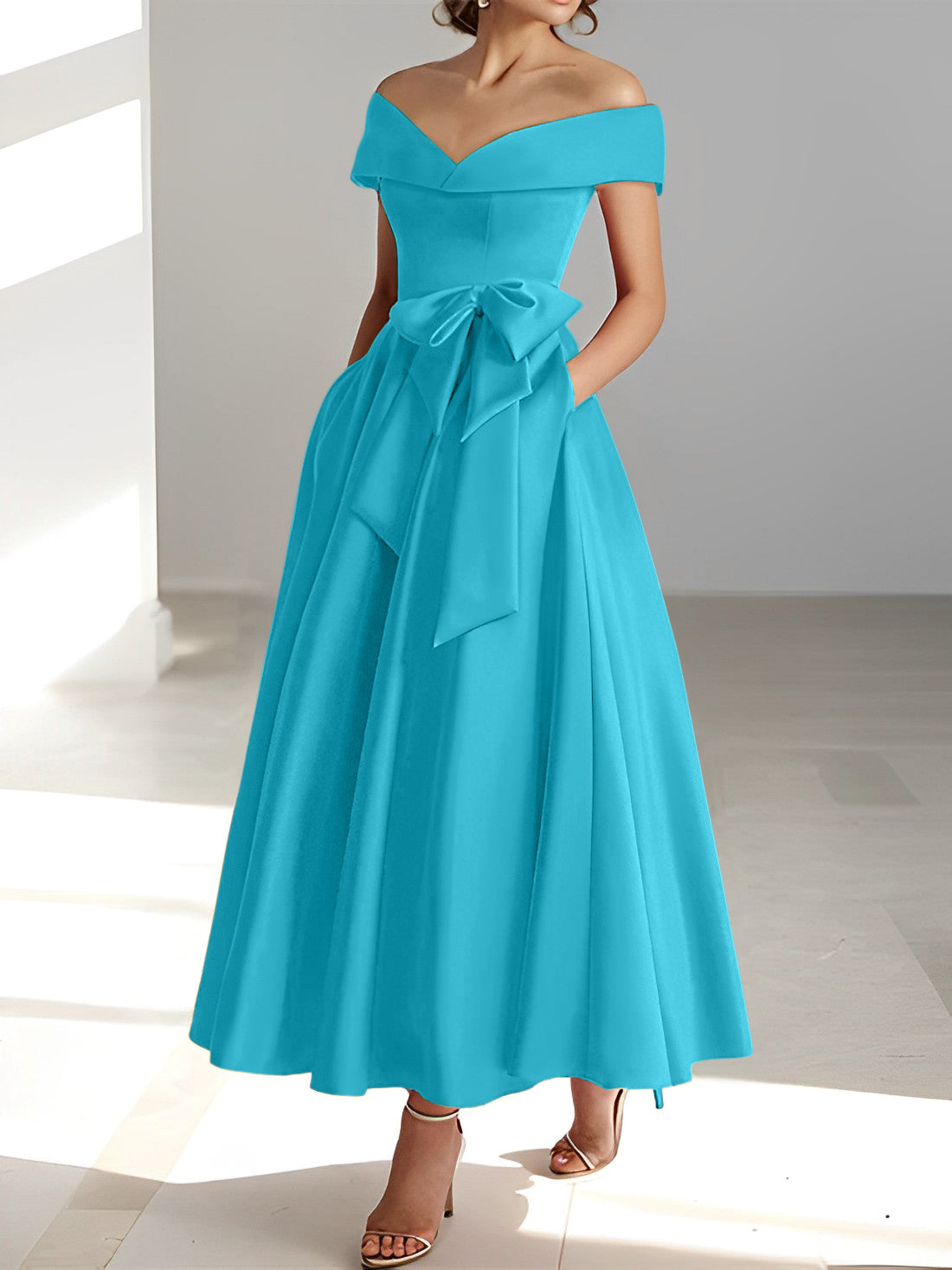 A Line Princess Off The Shoulder Sleeveless Ankle Length Mother Of The Bride Dresses With Pockets