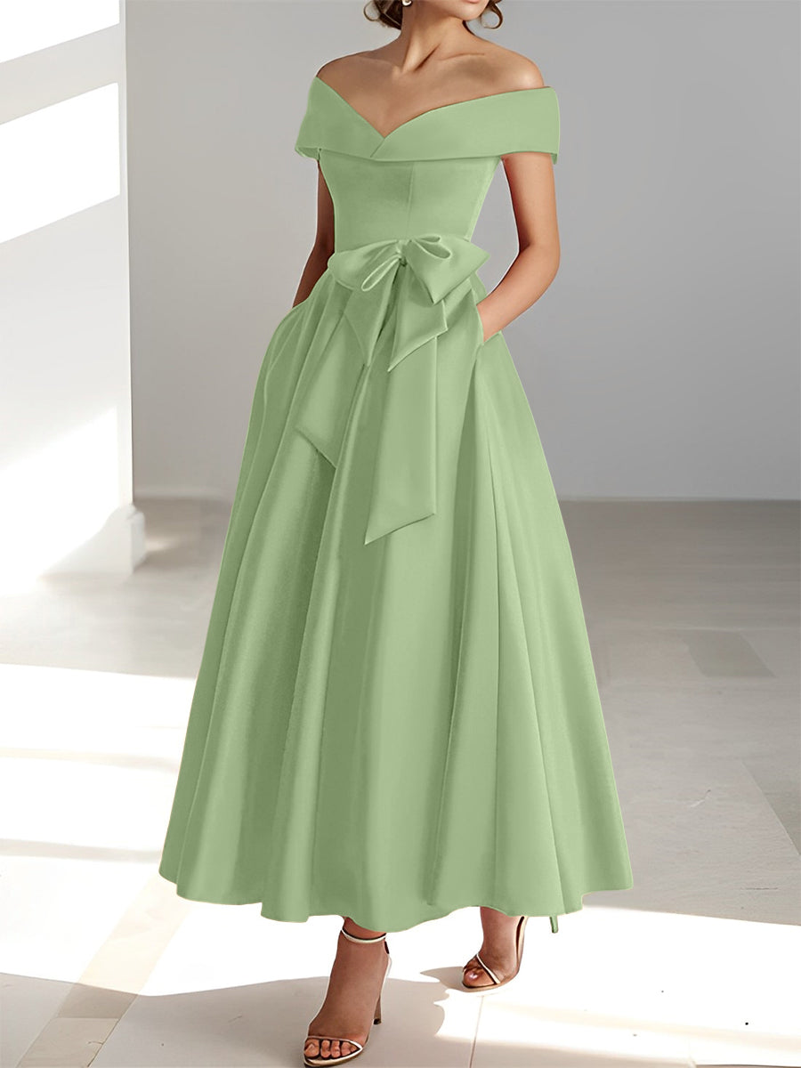 A Line Princess Off The Shoulder Sleeveless Ankle Length Mother Of The Bride Dresses With Pockets