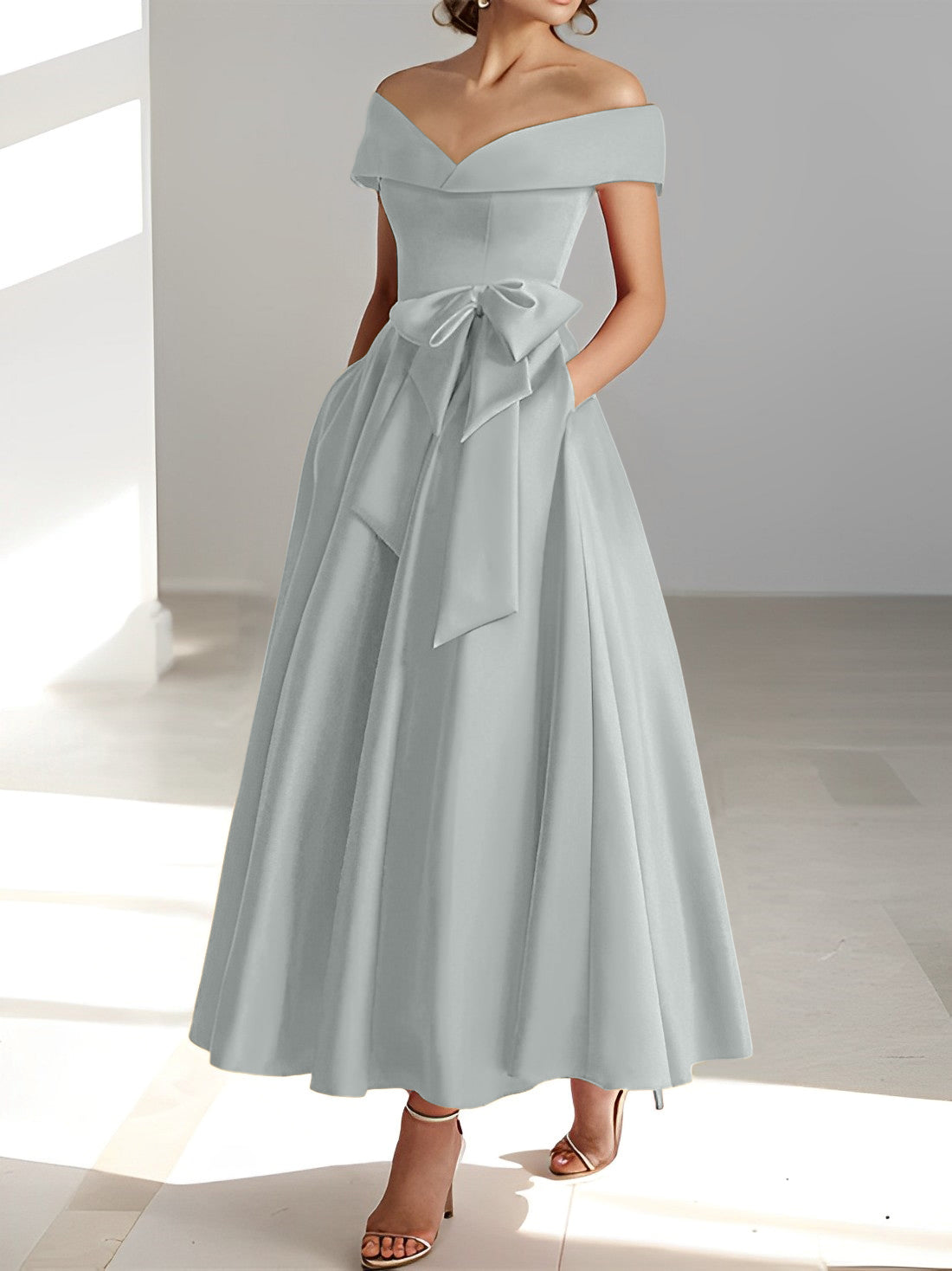 A Line Princess Off The Shoulder Sleeveless Ankle Length Mother Of The Bride Dresses With Pockets
