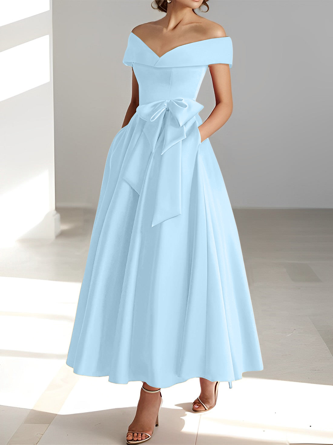 A Line Princess Off The Shoulder Sleeveless Ankle Length Mother Of The Bride Dresses With Pockets