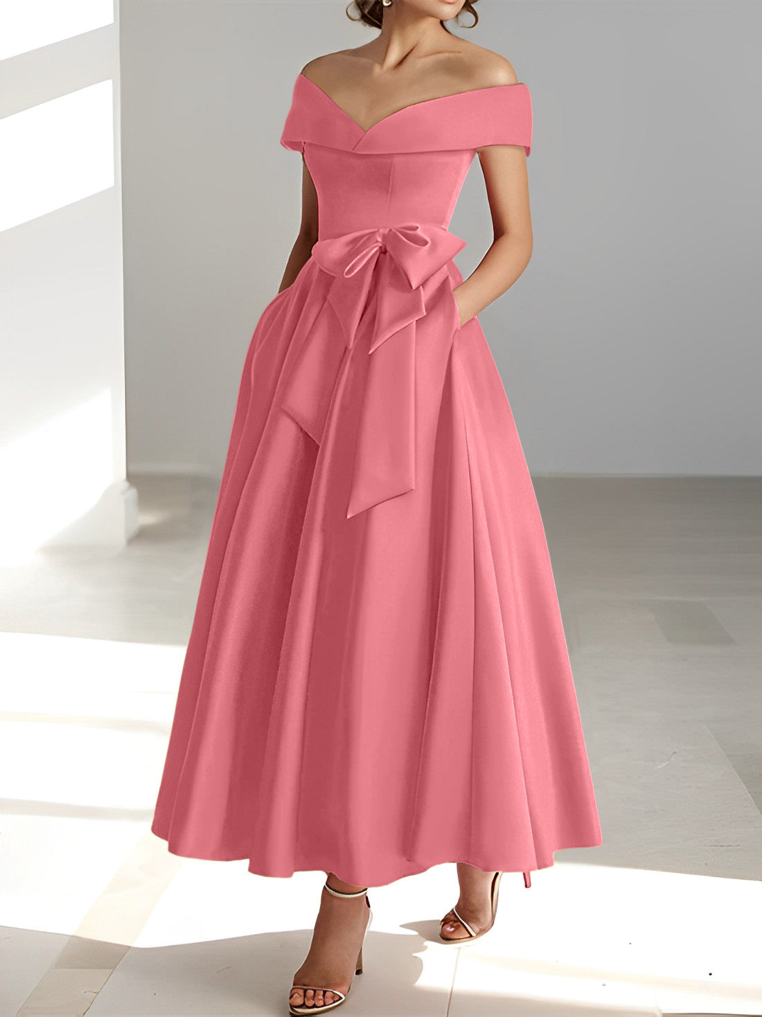 A Line Princess Off The Shoulder Sleeveless Ankle Length Mother Of The Bride Dresses With Pockets